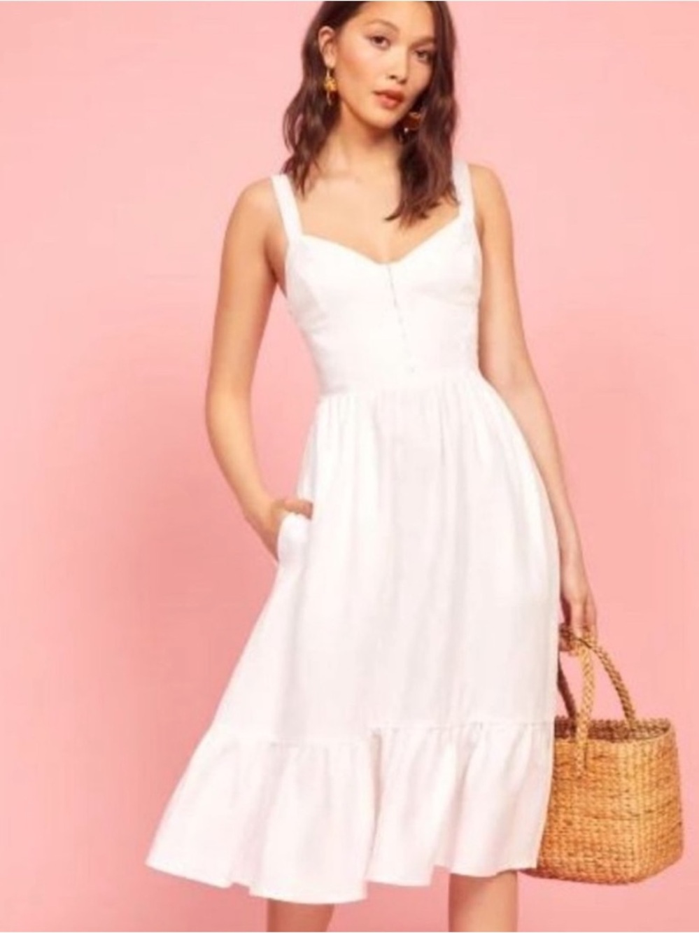 Reformation Dolci Linen Midi Dress White